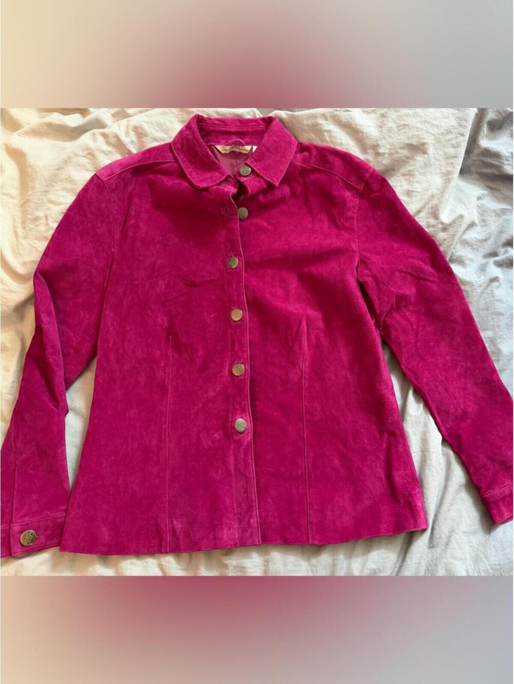 Vintage French Laundry Magenta Suede Leather Jacket Fuchsia Silver Buttons S